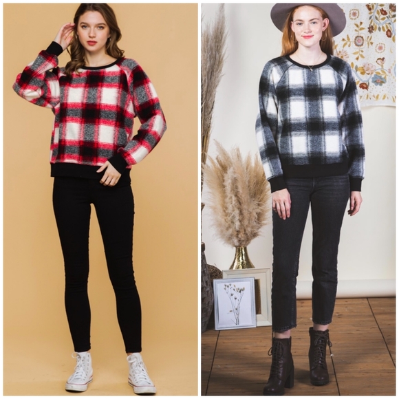 LAST 1❗️LOVERICHE Nordstrom Cozy Chic Fuzzy Plaid Grey / Khaki Sweater Top - Picture 7 of 8